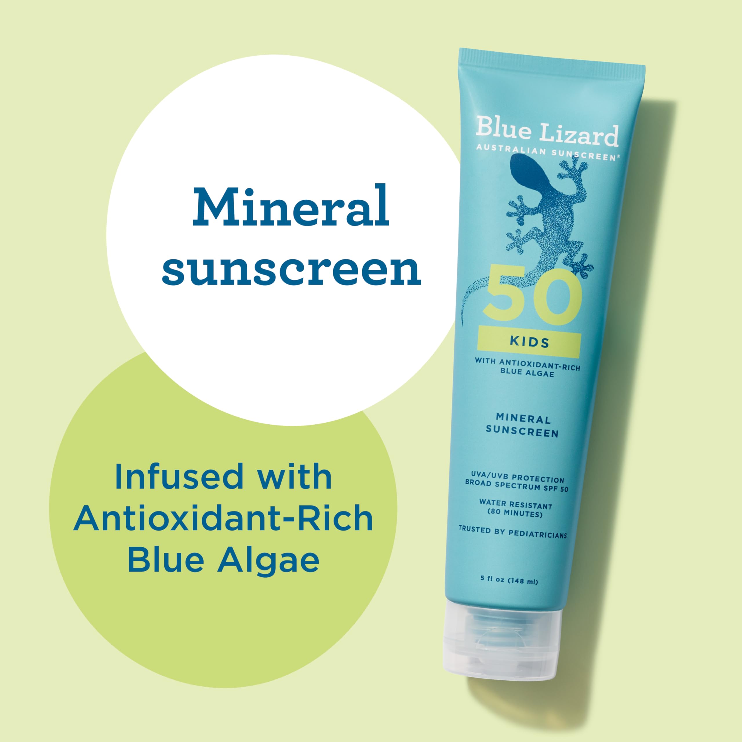 Blue Lizard Kids Mineral SPF 50, formulado con zinc y titanio para cobertura mineral.