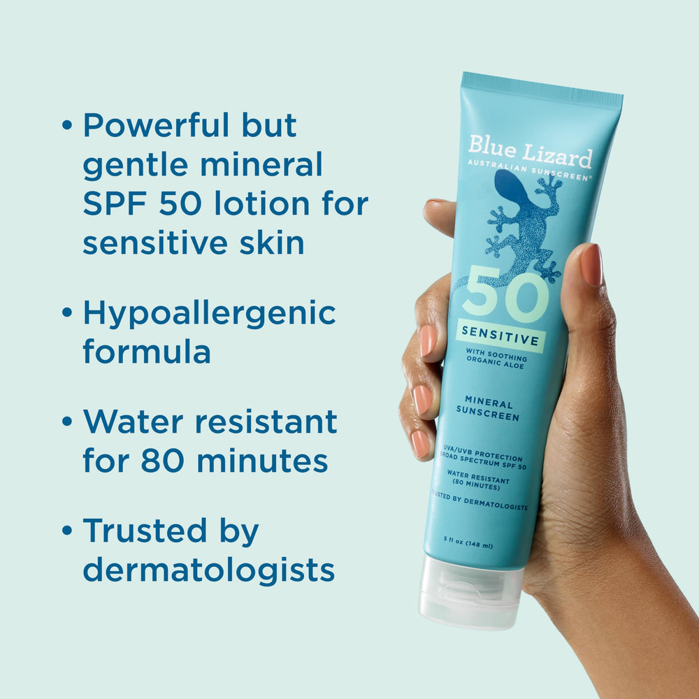 Blue Lizard Sensitive Mineral SPF 50 con aloe vera calma la piel sensible.
