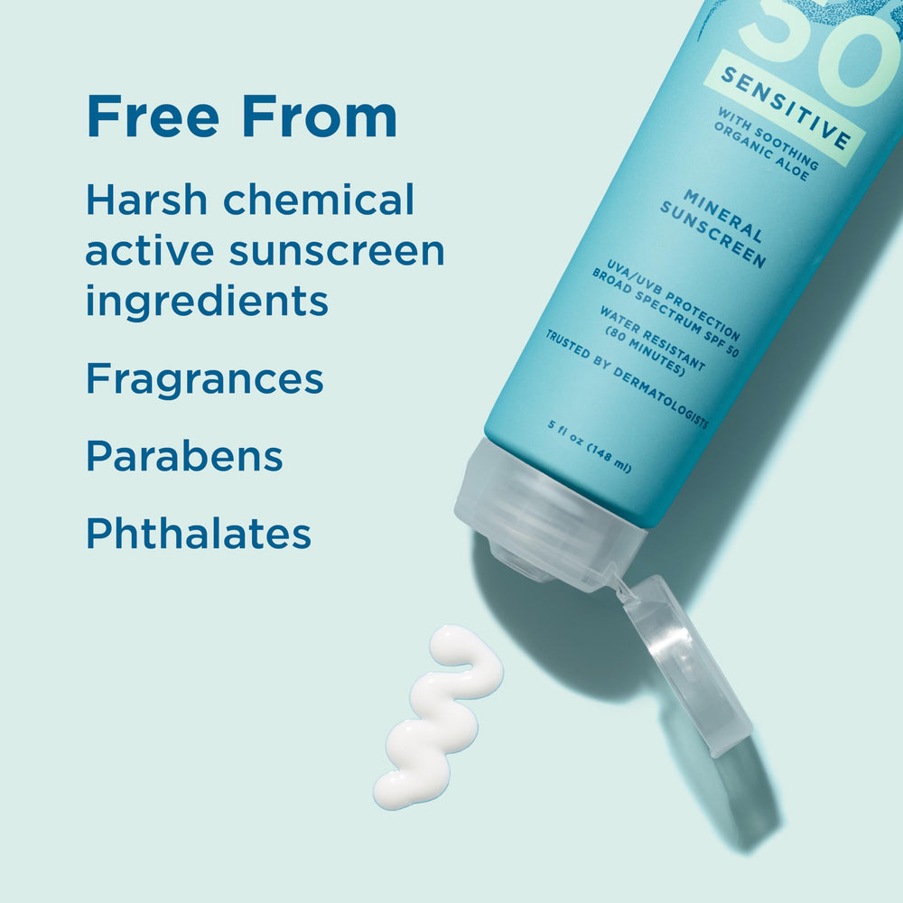 Blue Lizard Sensitive Mineral SPF 50 sin fragancias ni parabenos para piel delicada.