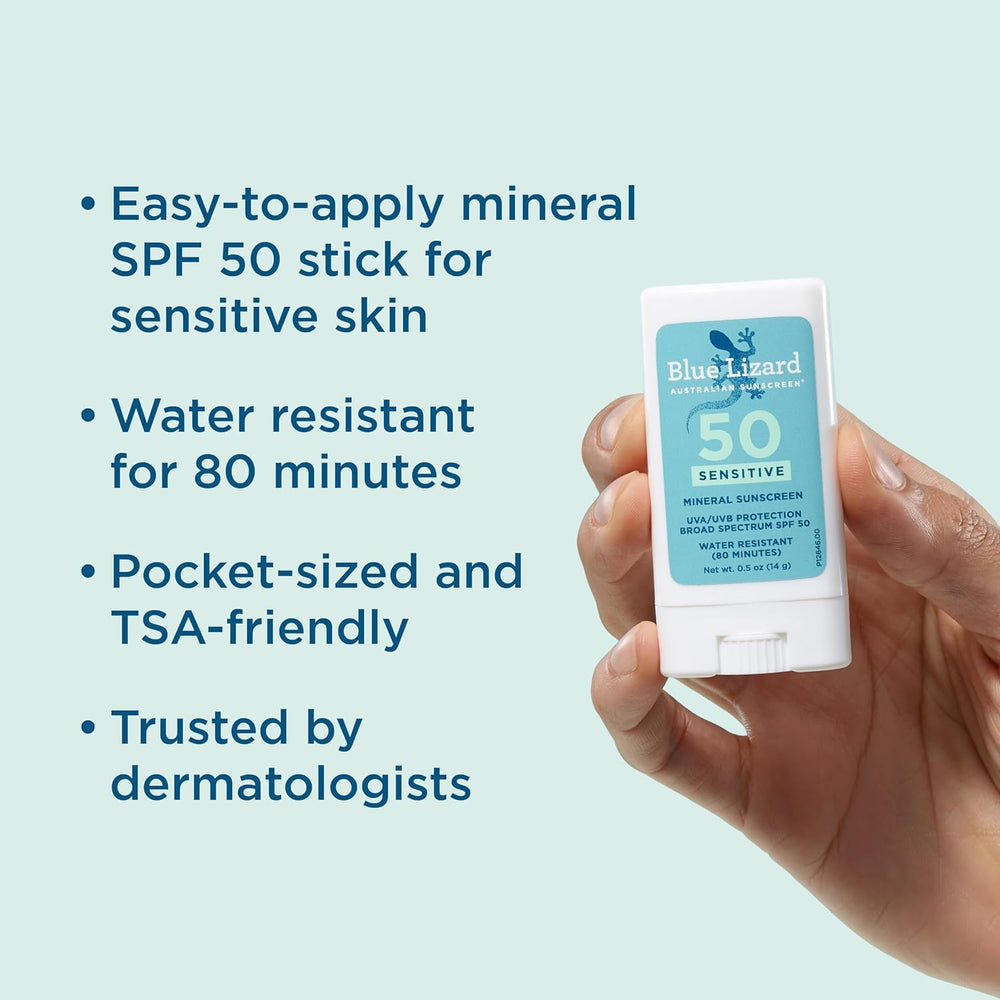 Blue Lizard Sensitive Stick fragrance-free formula minimizes irritation for sensitive skin.