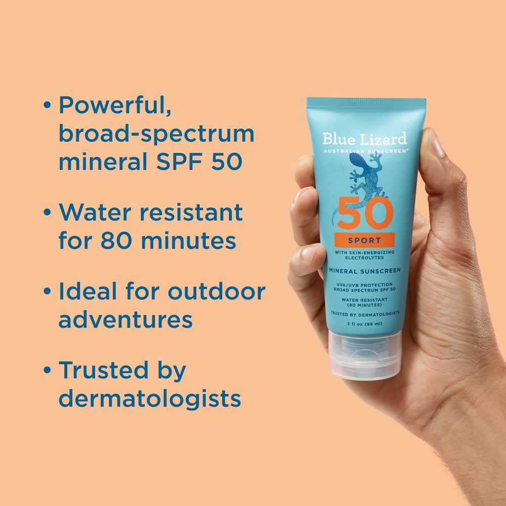 Aplicación suave de Blue Lizard Sport Mineral SPF 50 loción para entrenamientos intensos.