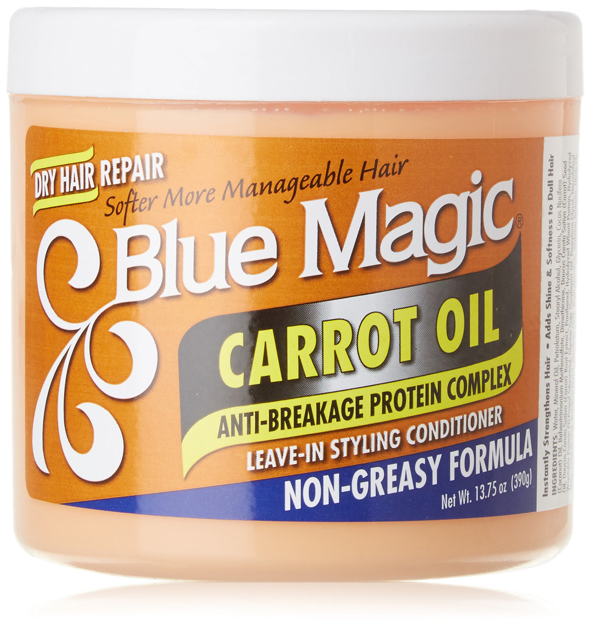 Blue Magic Acondicionador sin enjuague con aceite de zanahoria, cabello suave y manejable.