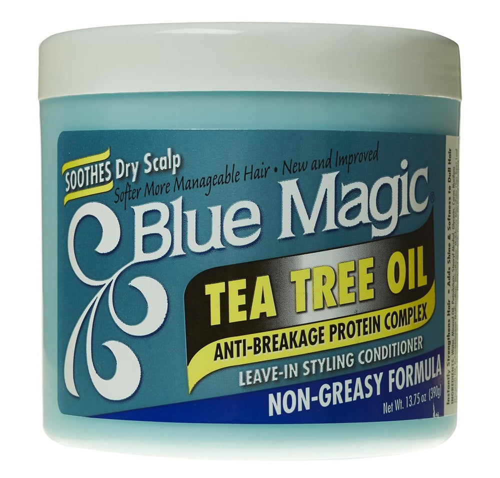 Blue Magic Acondicionador sin enjuague con árbol de té, botella visible, hidratación suave para el cabello.