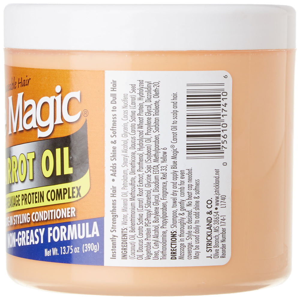 Blue Magic Aceite de zanahoria en aplicación sin enjuague, brillo natural.