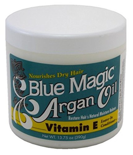 Blue Magic Argan Oil Leave-In ingredient close-up reveals nourishing components.
