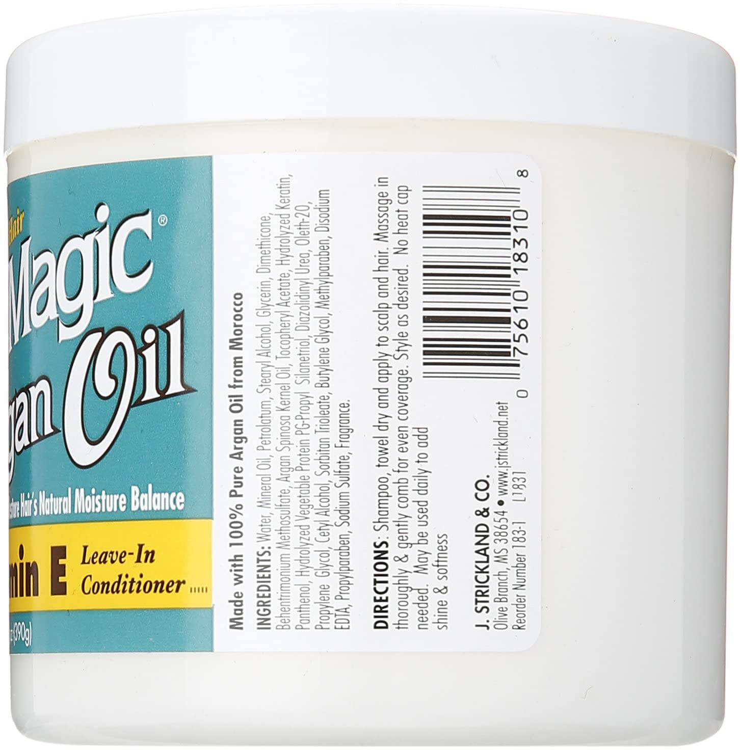 Blue Magic Argan Oil Leave-In label highlights argan and vitamin E benefits.