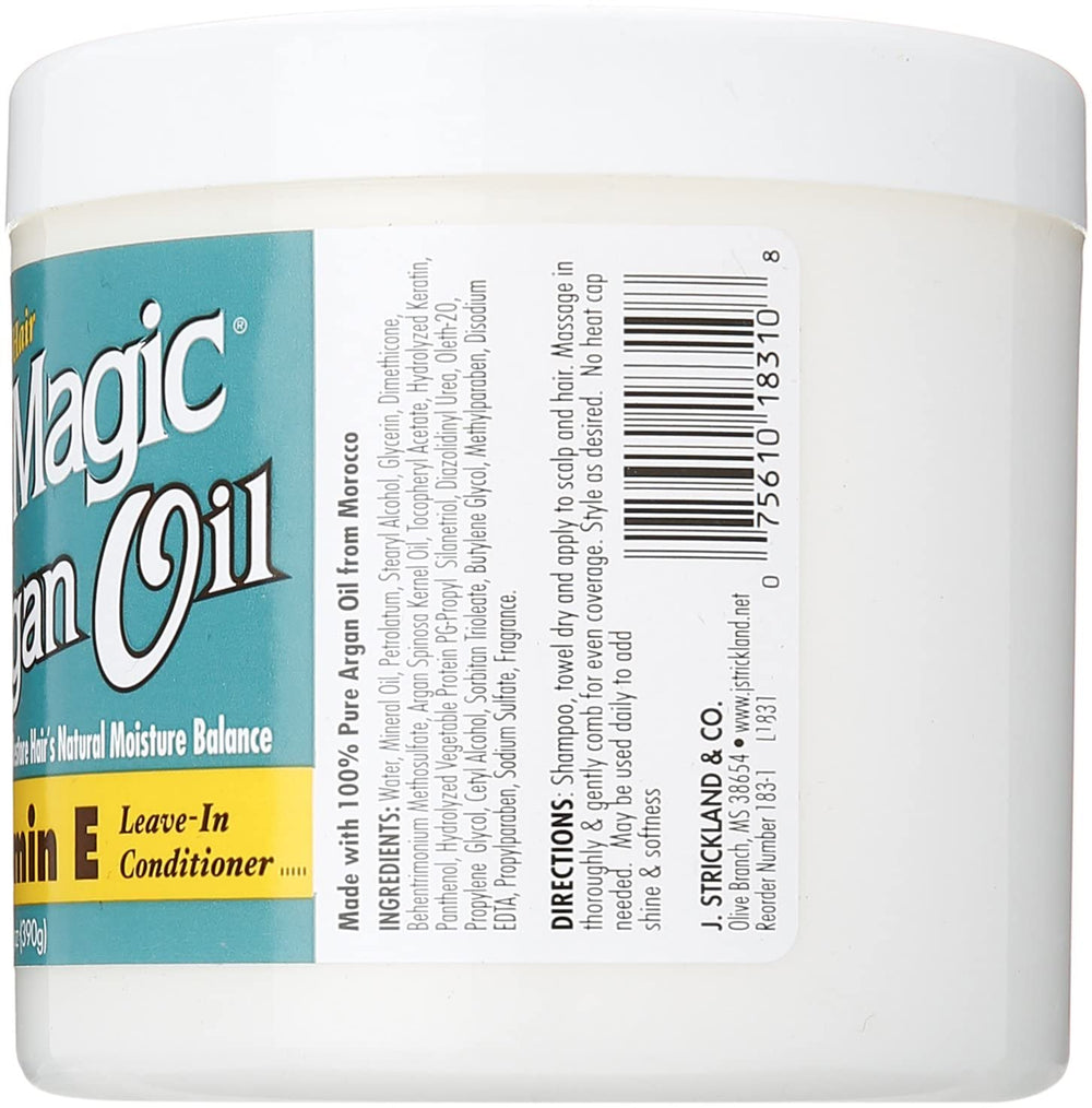 Blue Magic Argan Oil Leave-In label highlights argan and vitamin E benefits.