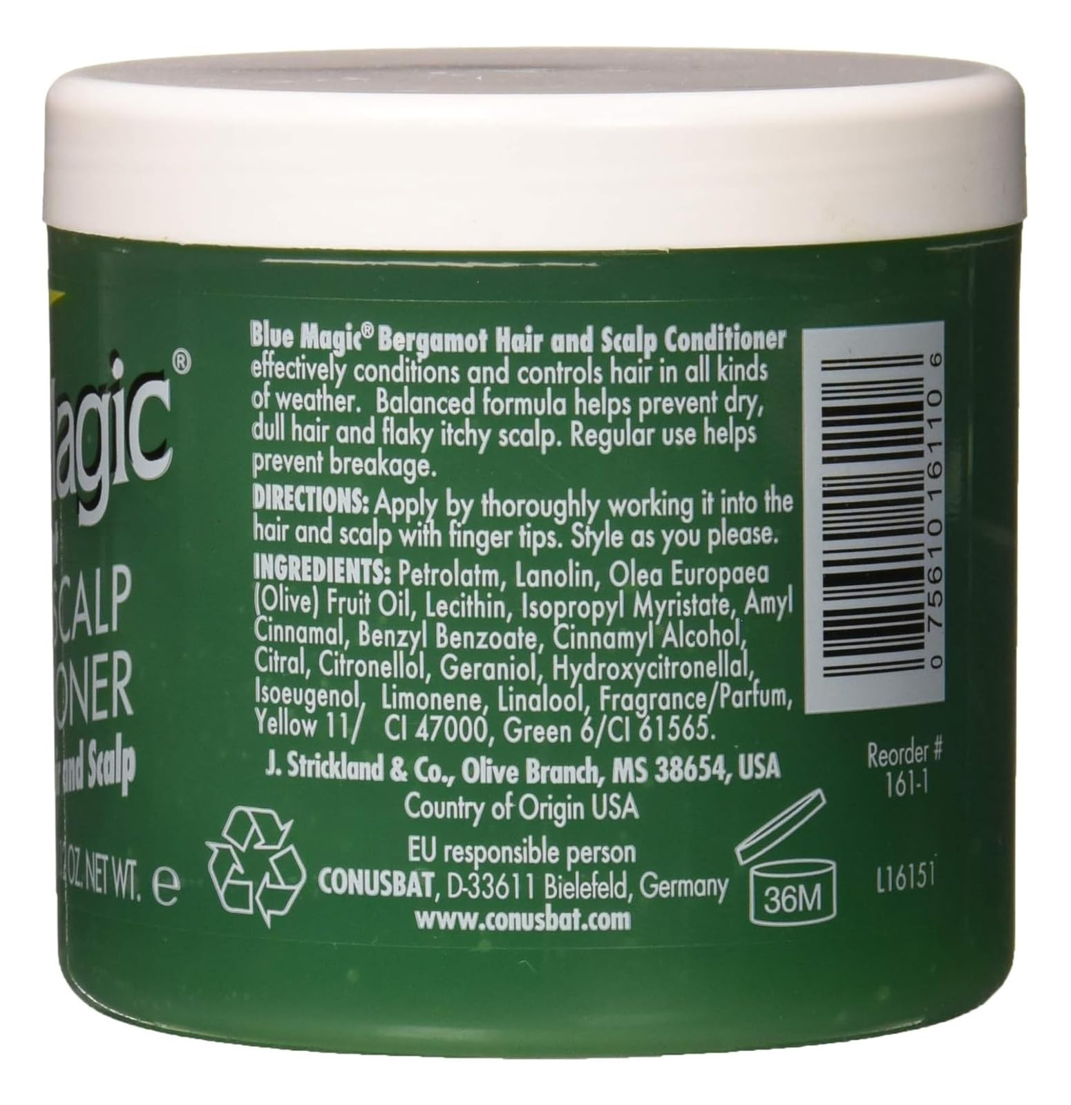 Blue Magic Bergamot conditioner label highlighting scent and care benefits.