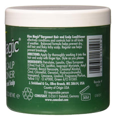 Blue Magic Bergamot conditioner label highlighting scent and care benefits.