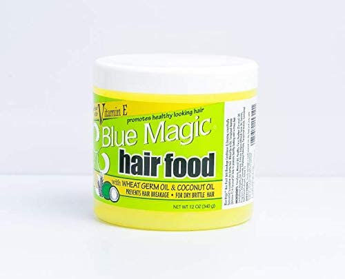 Blue Magic Hair Food Coconut jar with scoop illustrating simple at-home conditioning.