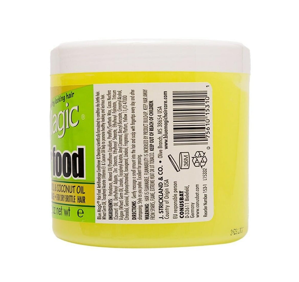Blue Magic Hair Food Coconut label close-up highlighting coconut infusion and shine benefits.