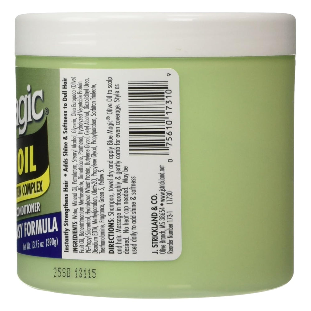 Blue Magic Olive Oil label closeup shows formula details for smoother hair.