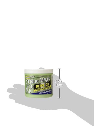 Blue Magic Olive Oil packaging emphasizes value and the 13.75 oz size.