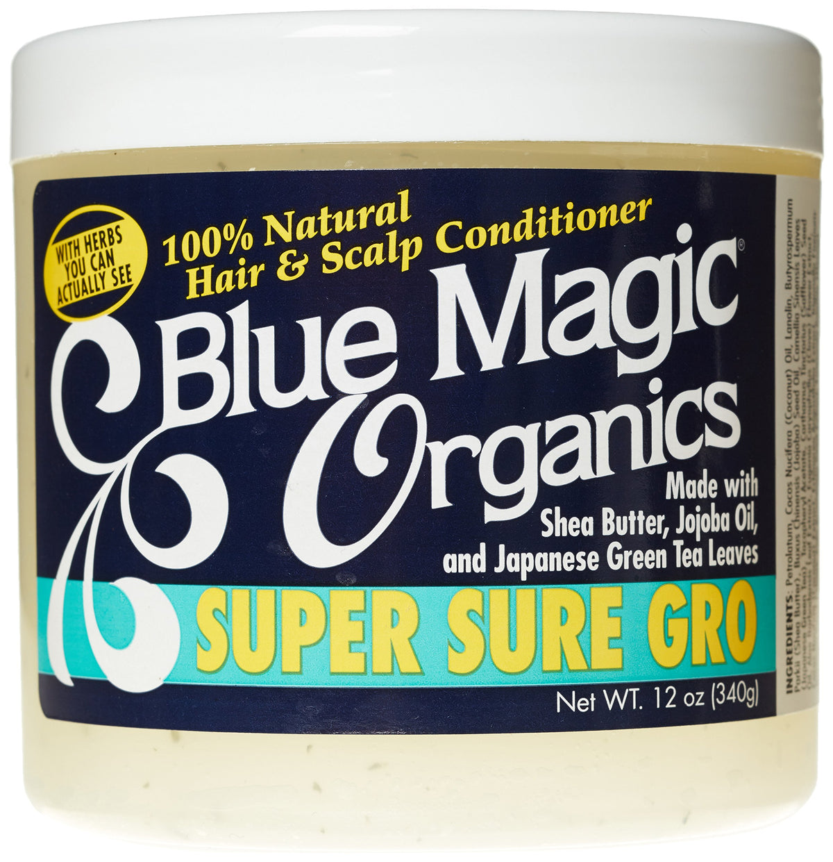 Blue Magic Super Sure hair growth bottle closeup for nourished, stronger hair.