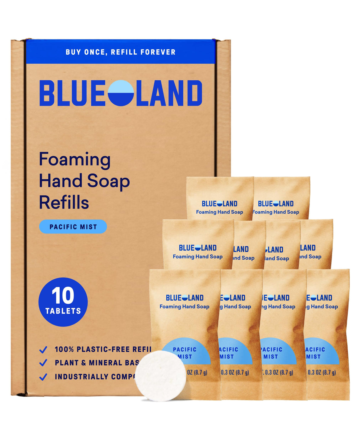 BLUELAND foaming hand soap refill tablet dissolving in water for Pacific Mist scent