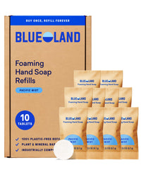 BLUELAND foaming hand soap refill tablet dissolving in water for Pacific Mist scent
