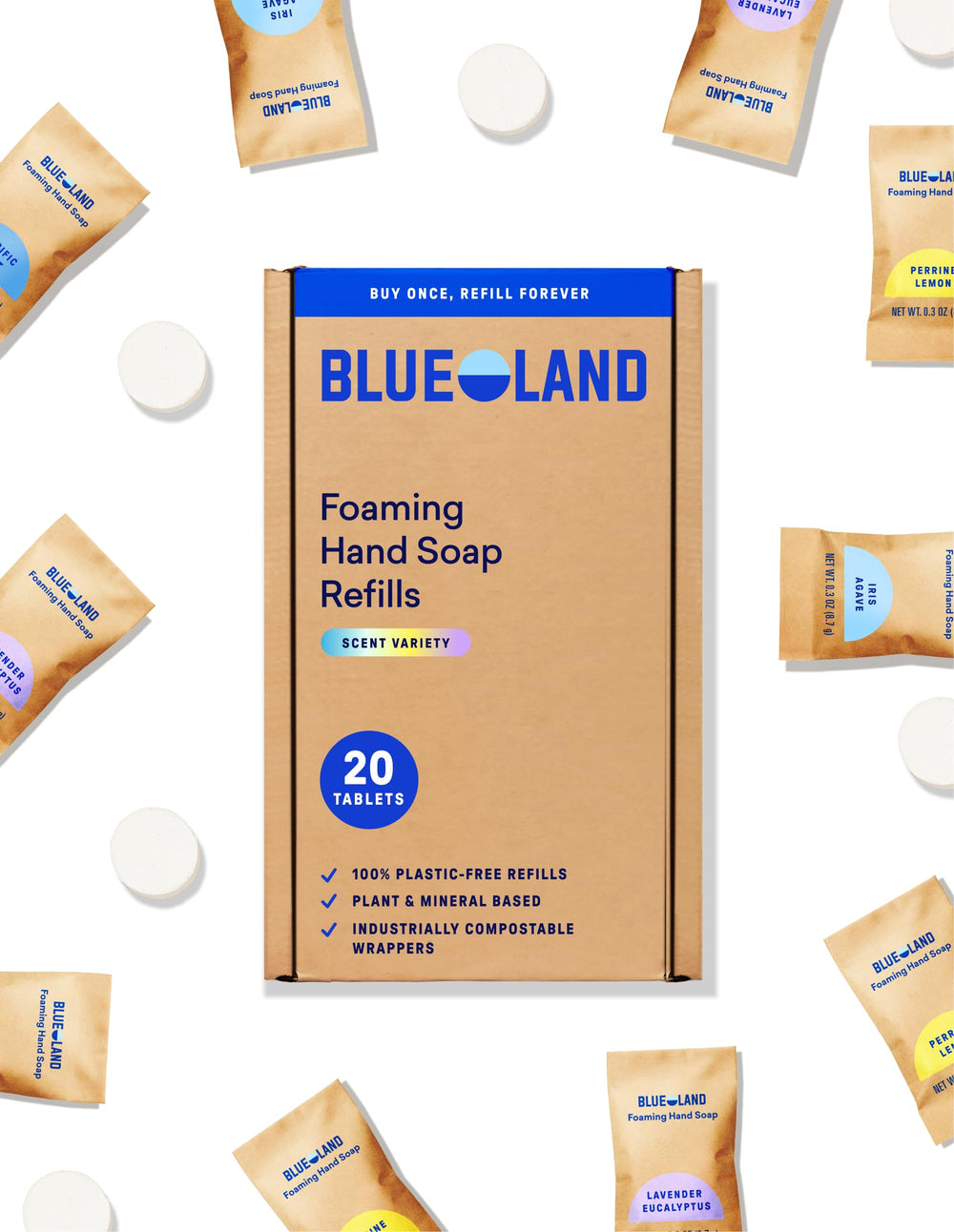 BLUELAND Iris Agave tablet dissolving into foaming hand soap.