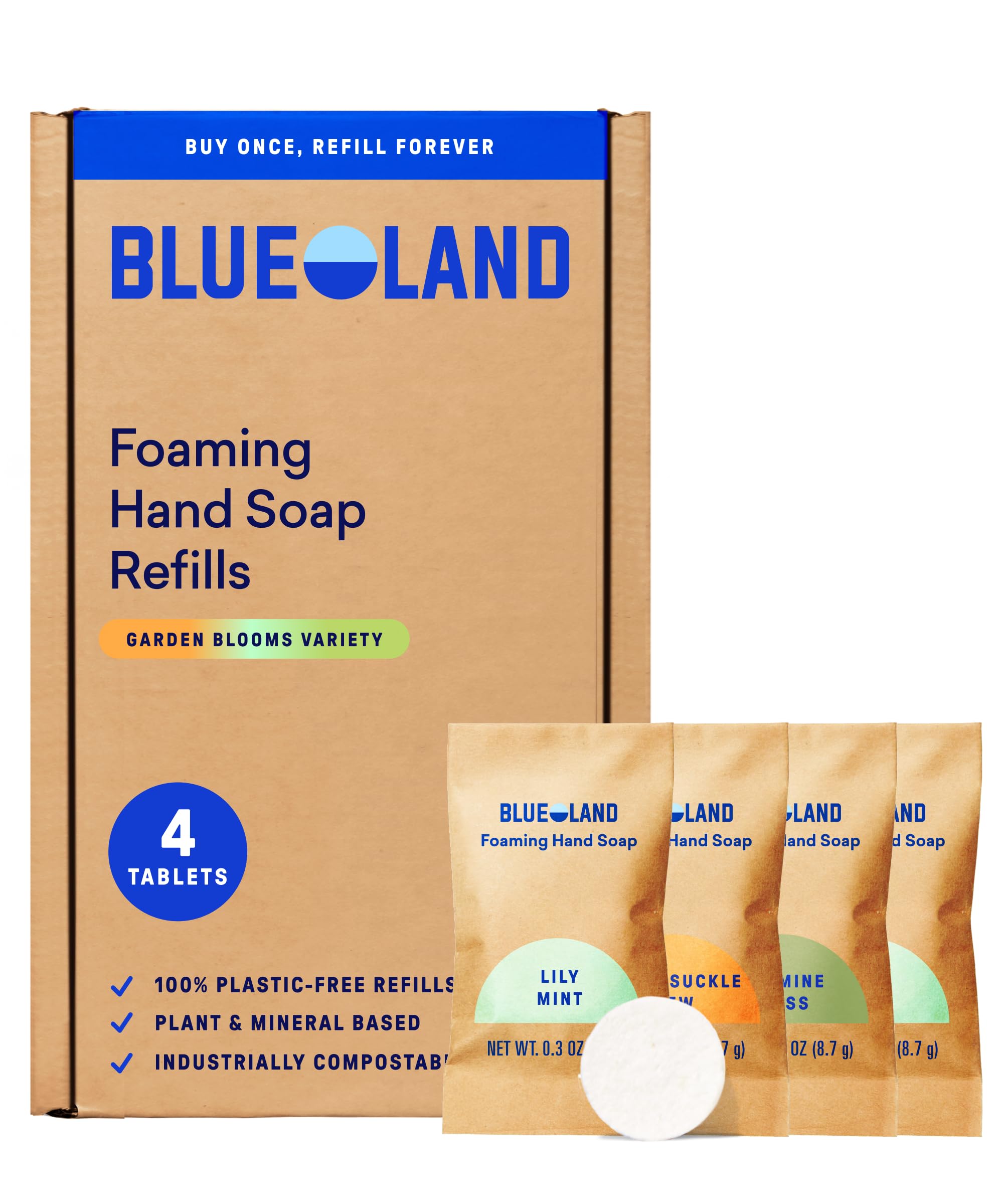 BLUELAND tabletas de jabón espumoso para recargas simples y ecológicas.