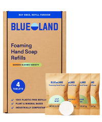 BLUELAND tabletas de jabón espumoso para recargas simples y ecológicas.