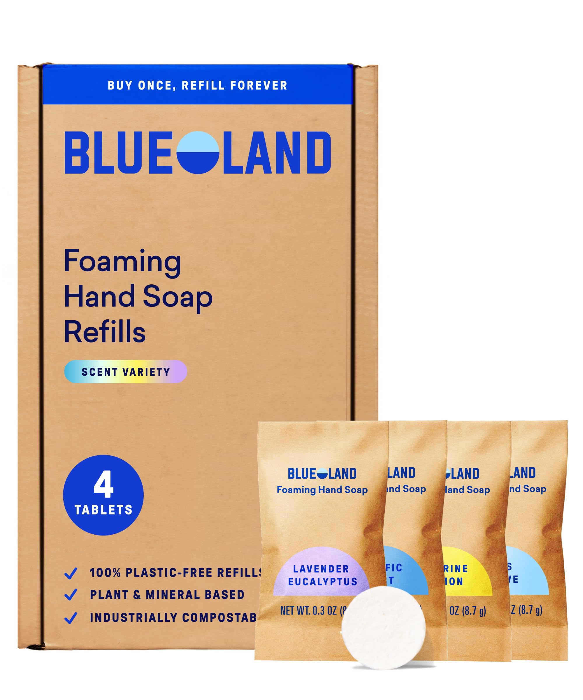 Pack de Blueland con tabletas recargables para jabón de manos y aromas variados.