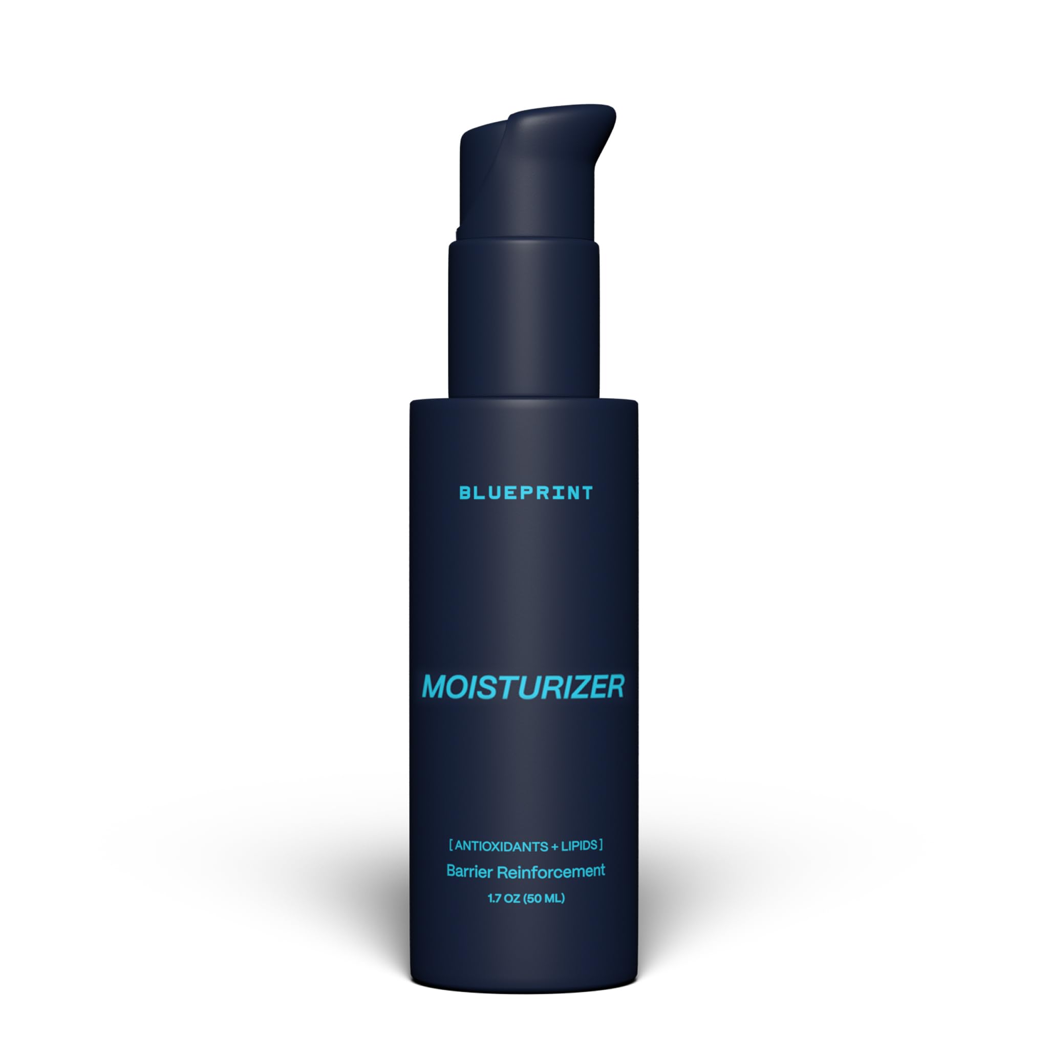 Blueprint Bryan Johnson Moisturizer bottle closeup, fragrance-free, hydrates and protects the skin barrier.