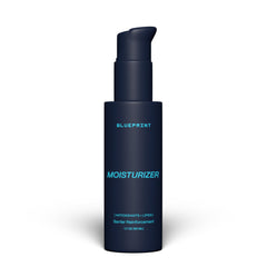 Blueprint Bryan Johnson Moisturizer bottle closeup, fragrance-free, hydrates and protects the skin barrier.