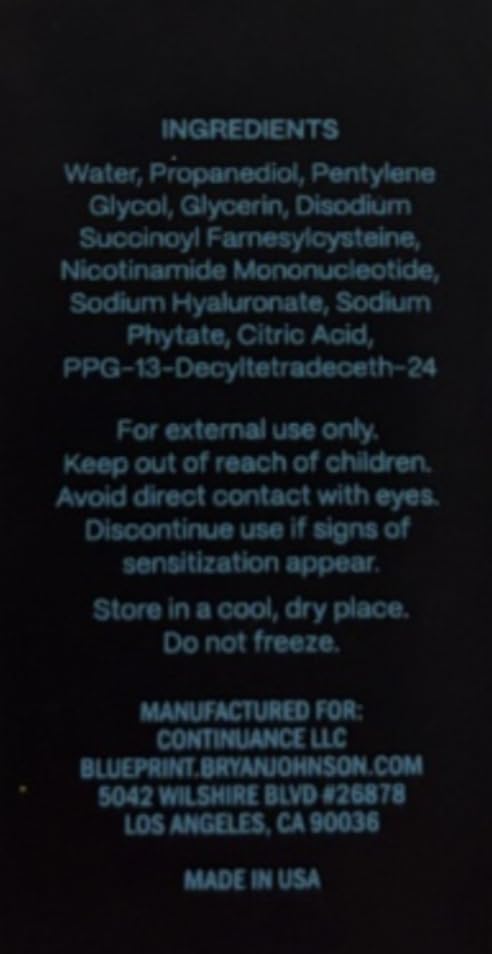 Blueprint Bryan Johnson vegan ingredients closeup emphasizes fragrance-free formulation
