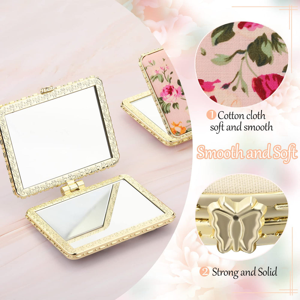 Blulu heart-shaped floral compact mirror with gold edge, portable.