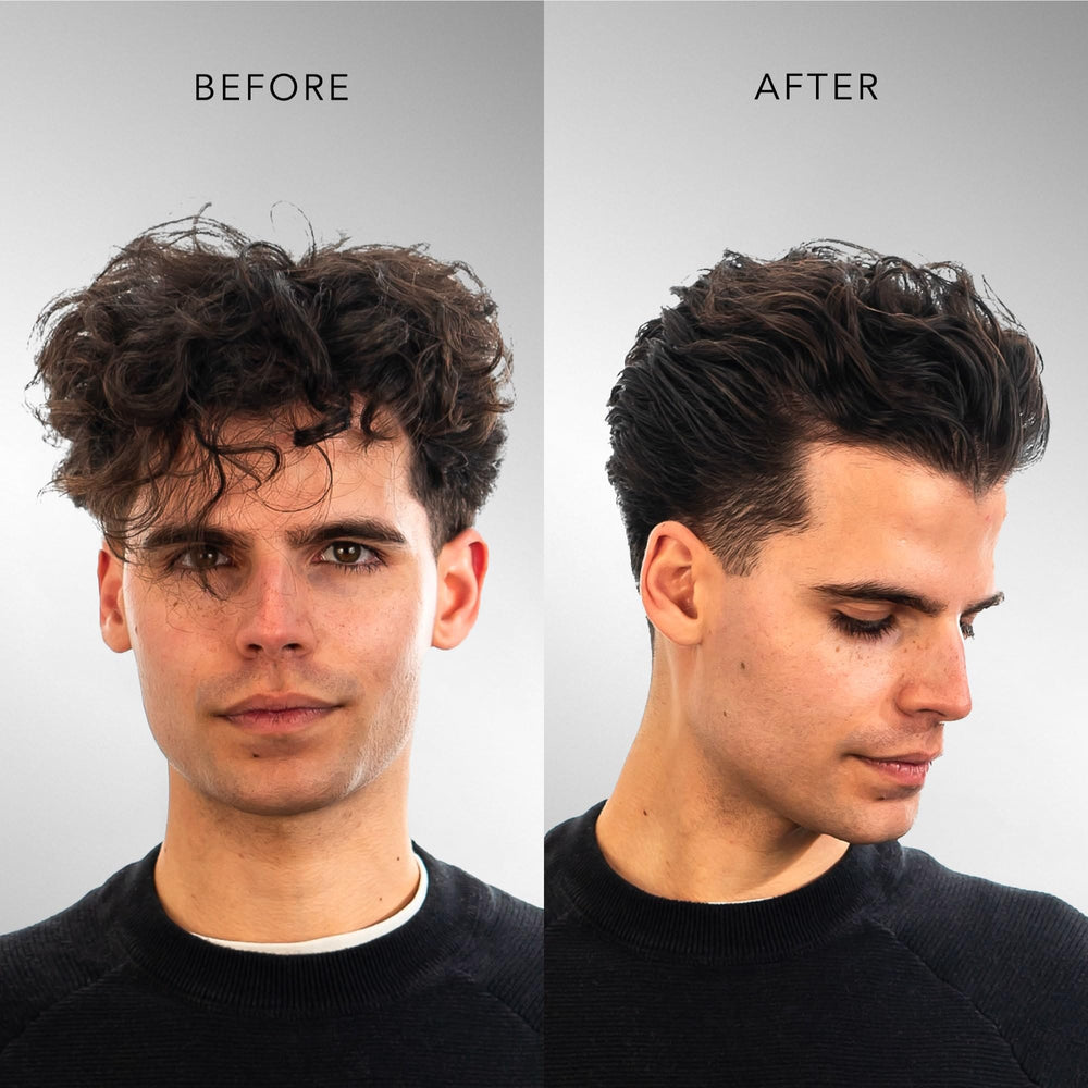 BluMaan Heavy Hold Clay on coarse hair provides controlled volume and texture.