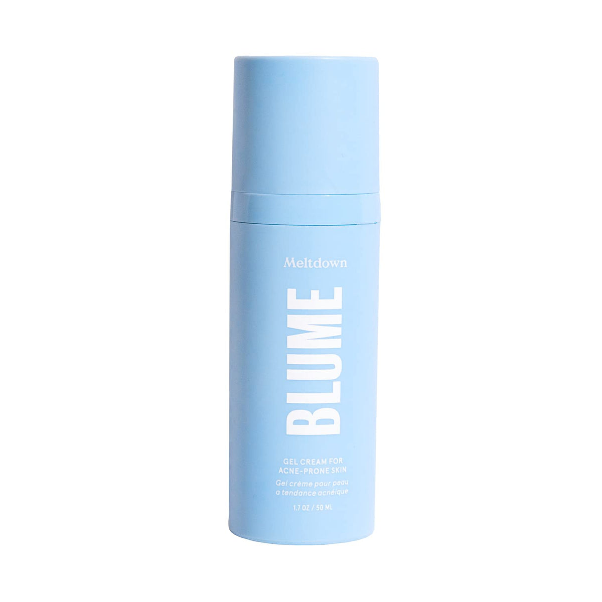 Blume Meltdown Gel Cream tube close-up showing light hydration for acne-prone skin.
