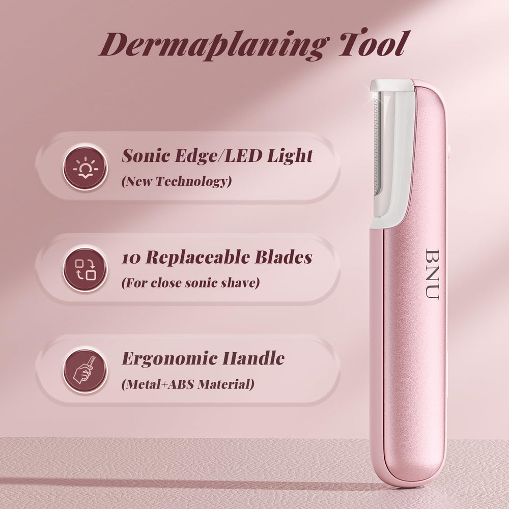BNU facial hair remover with pink handle enables gentle exfoliation.