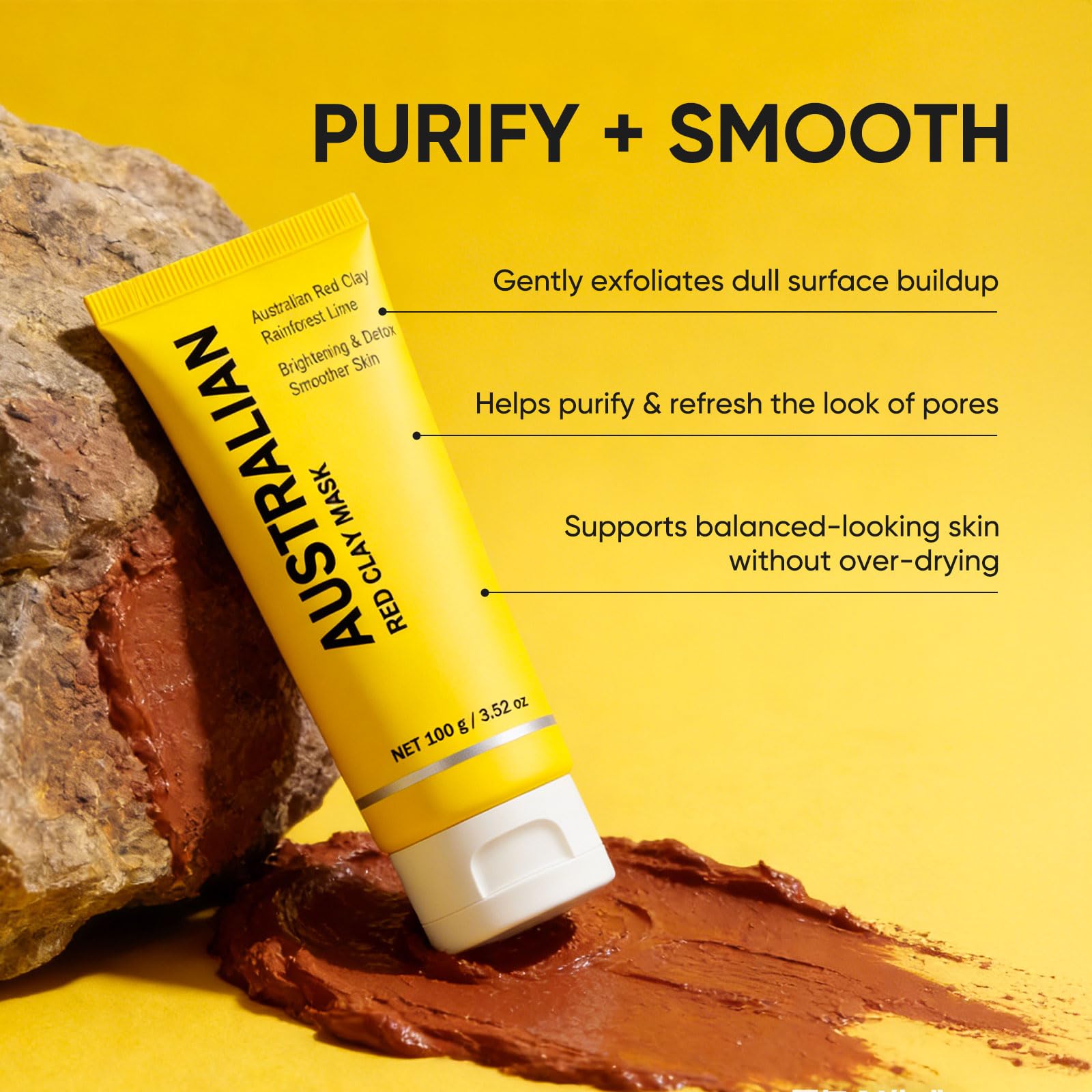 Red clay texture close-up highlights earthy minerals for a purifying clay experience.