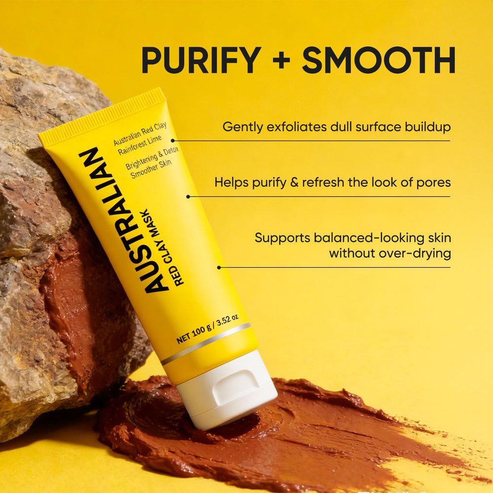 Red clay texture close-up highlights earthy minerals for a purifying clay experience.
