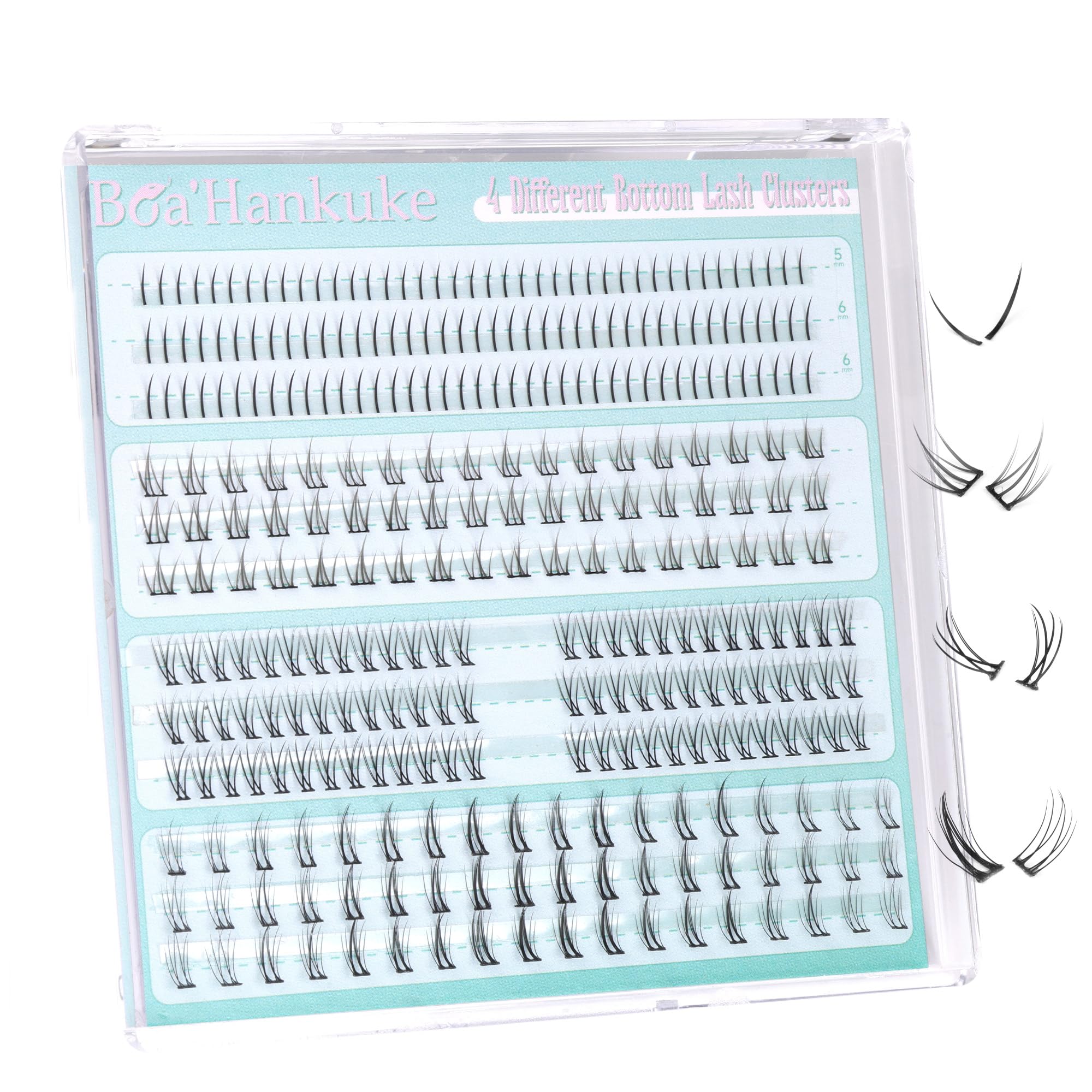 Boahankuke bottom lashes 0.07mm thickness wispy clusters for natural enhancement.