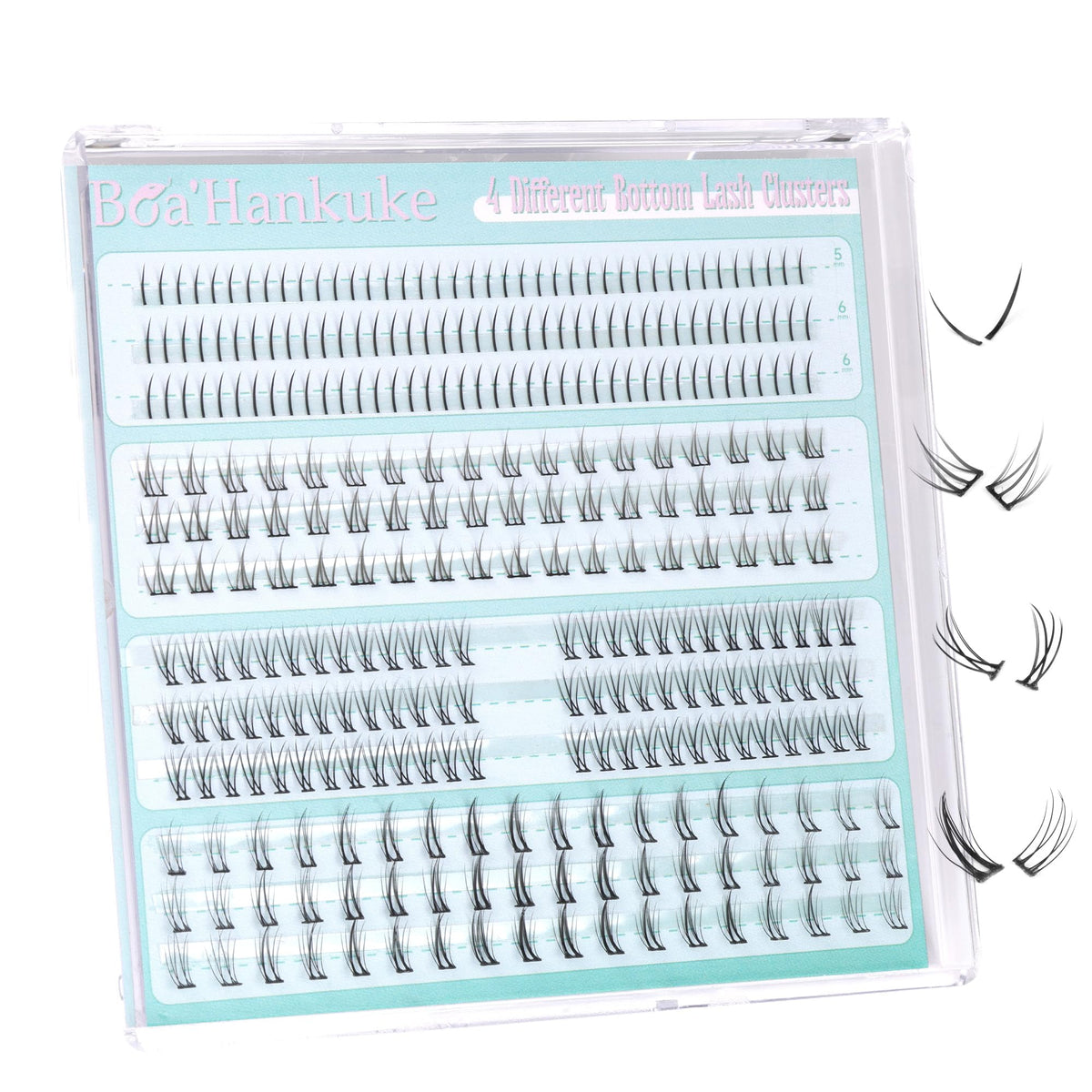 Boahankuke bottom lashes 0.07mm thickness wispy clusters for natural enhancement.
