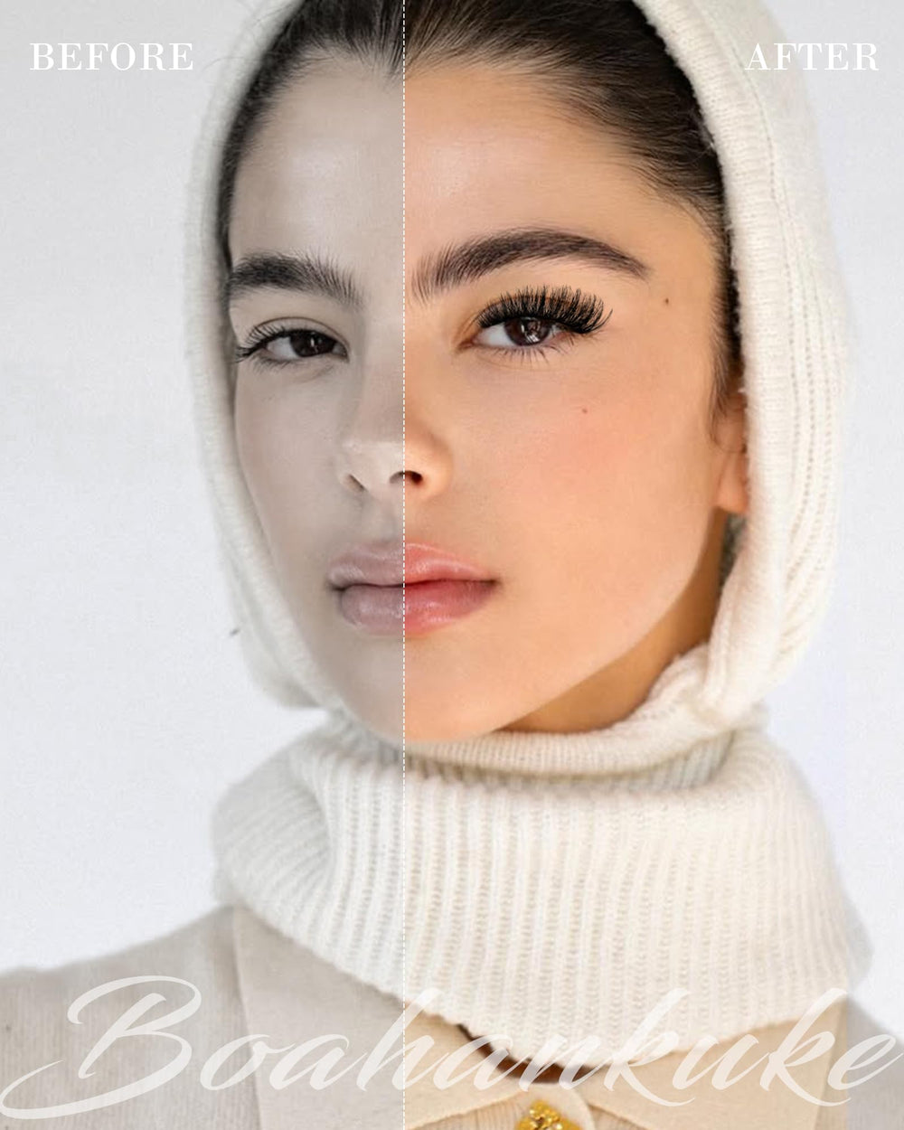 Boahankuke D-curvature lashes create a wide, welcoming gaze.