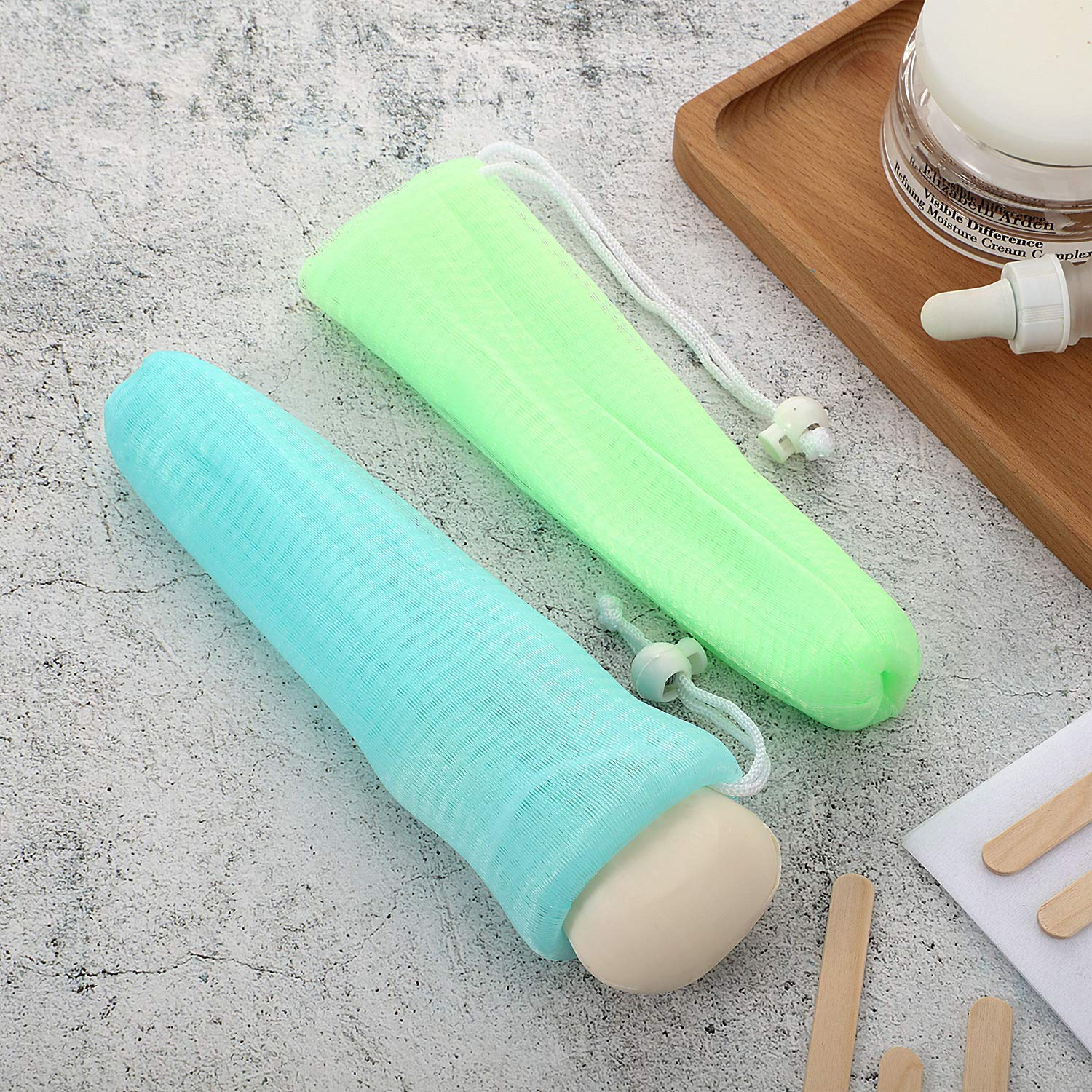 Boao soap bag with drawstring protecting soap and aiding drying.