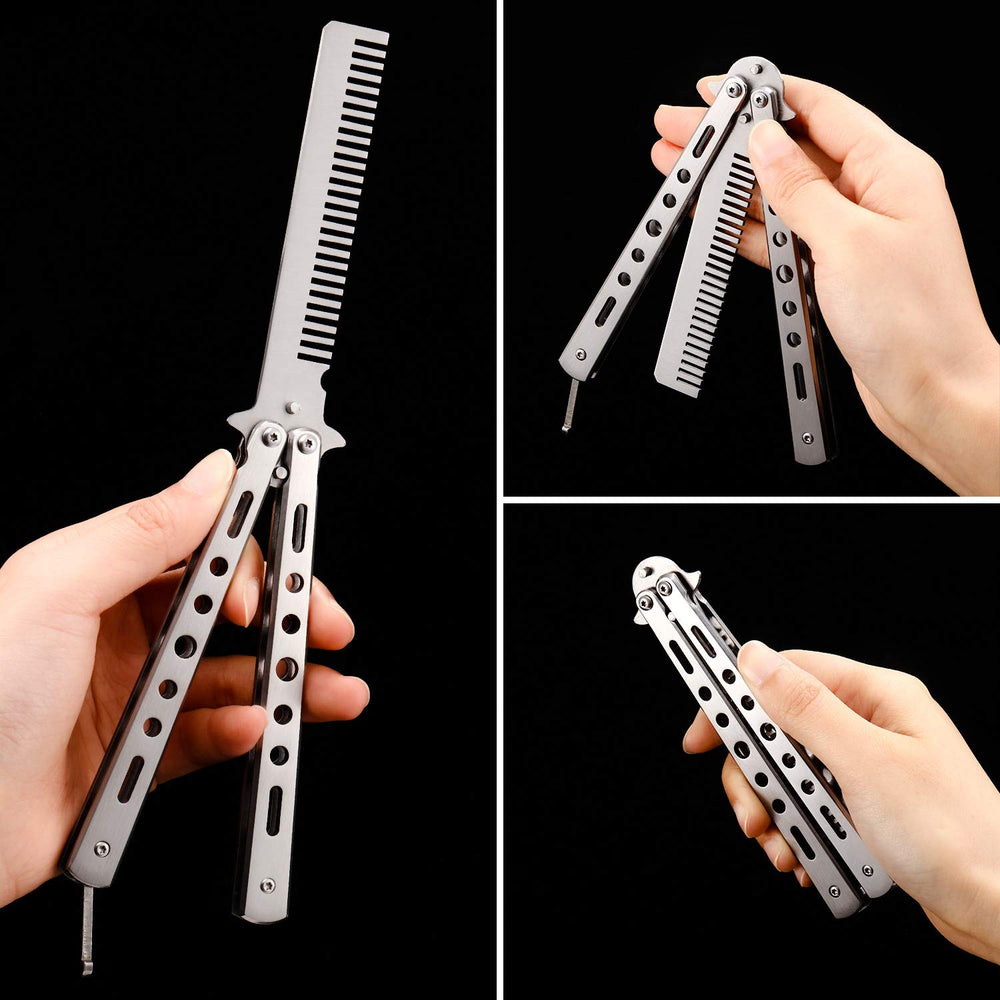 Boao stainless steel folding comb folded silver highlights smooth flip action.