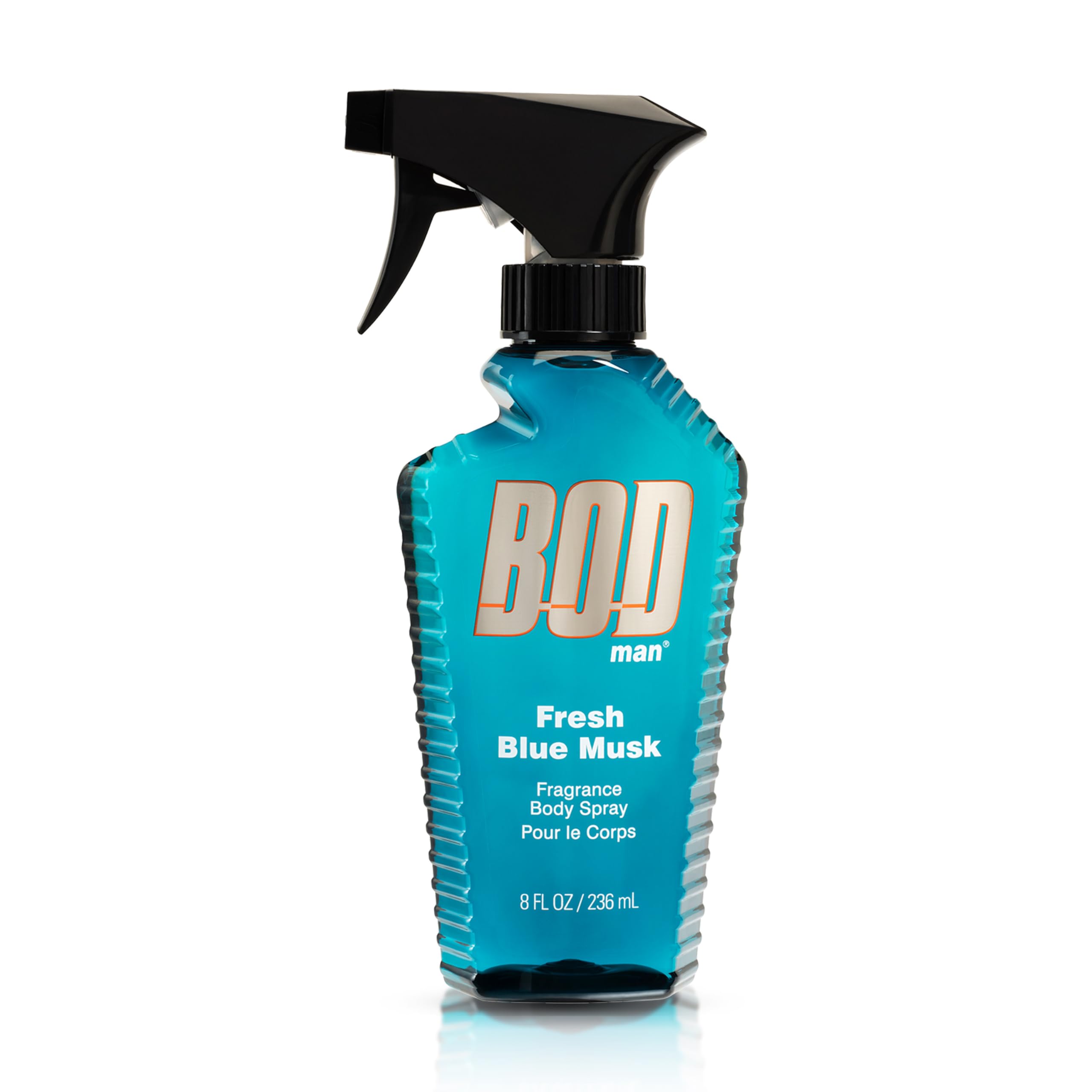 BOD man Fresh Blue Musk bottle front view showing an all-day masculine scent