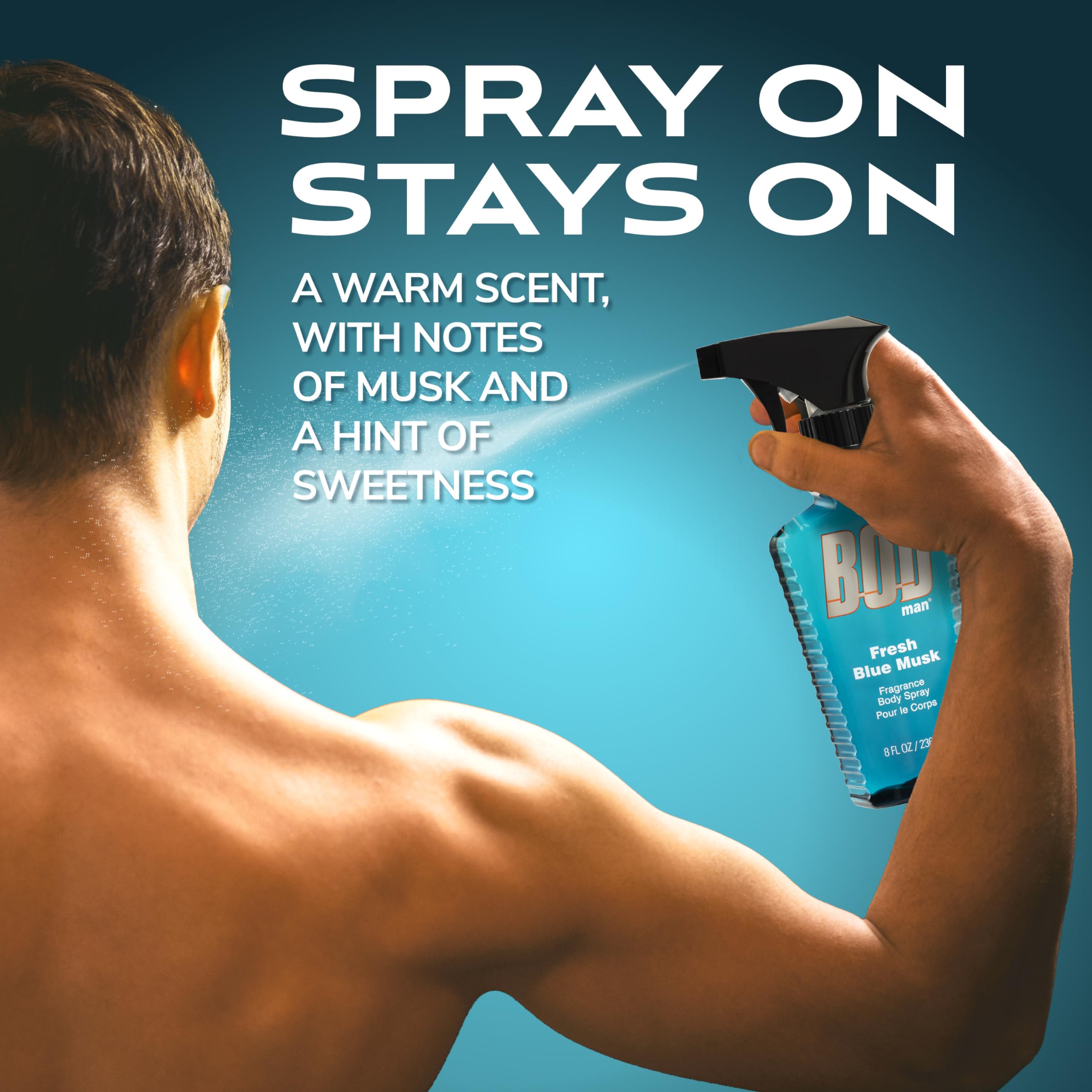 BOD man Fresh Blue Musk easy-spray trigger image demonstrating quick, even application