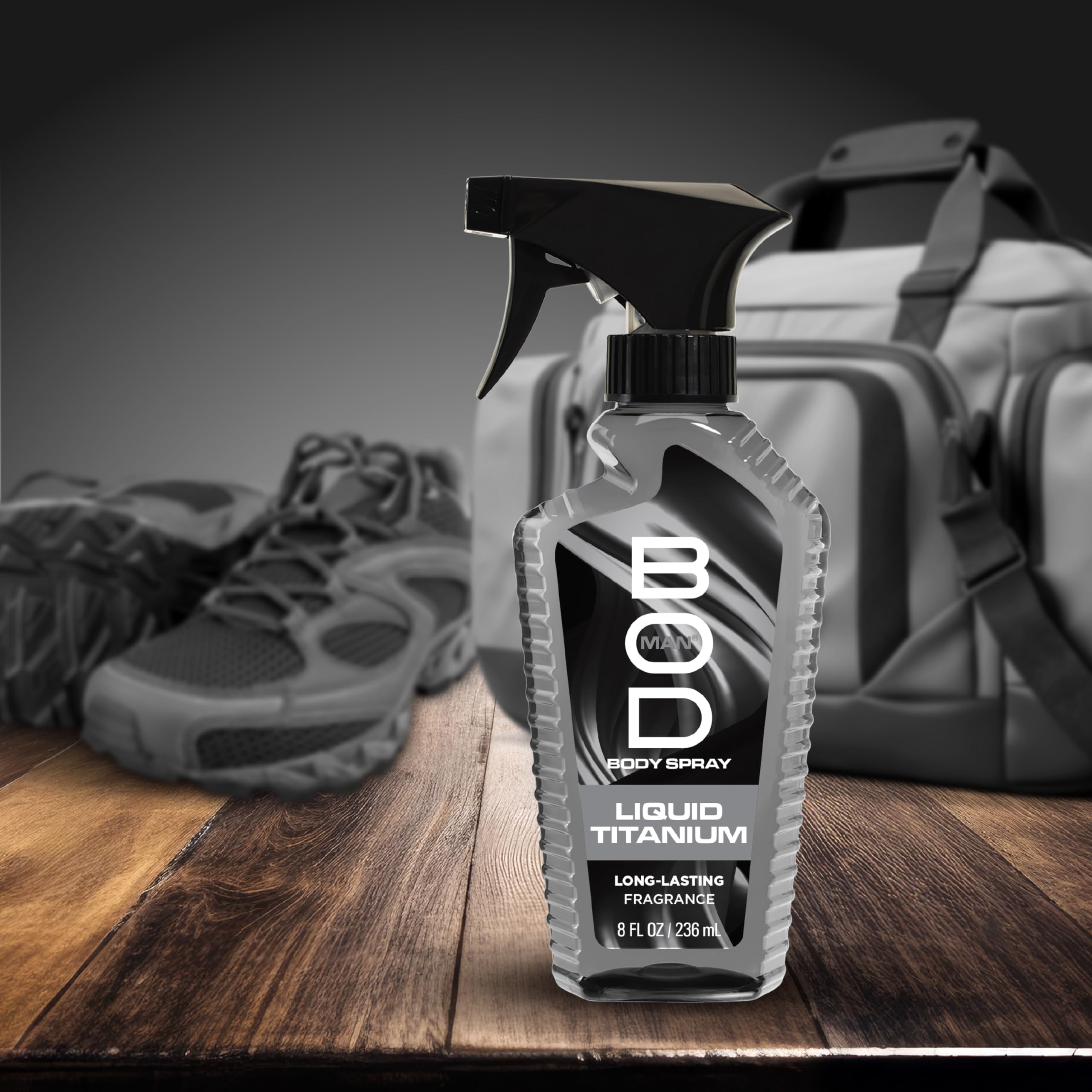 BOD Man Liquid Titanium spray mist demonstrates easy, even application.