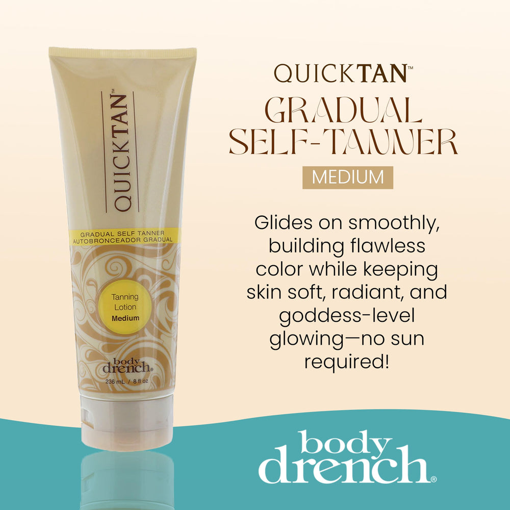Body Drench Quick Tan ofrece tono medio natural para un look diario.