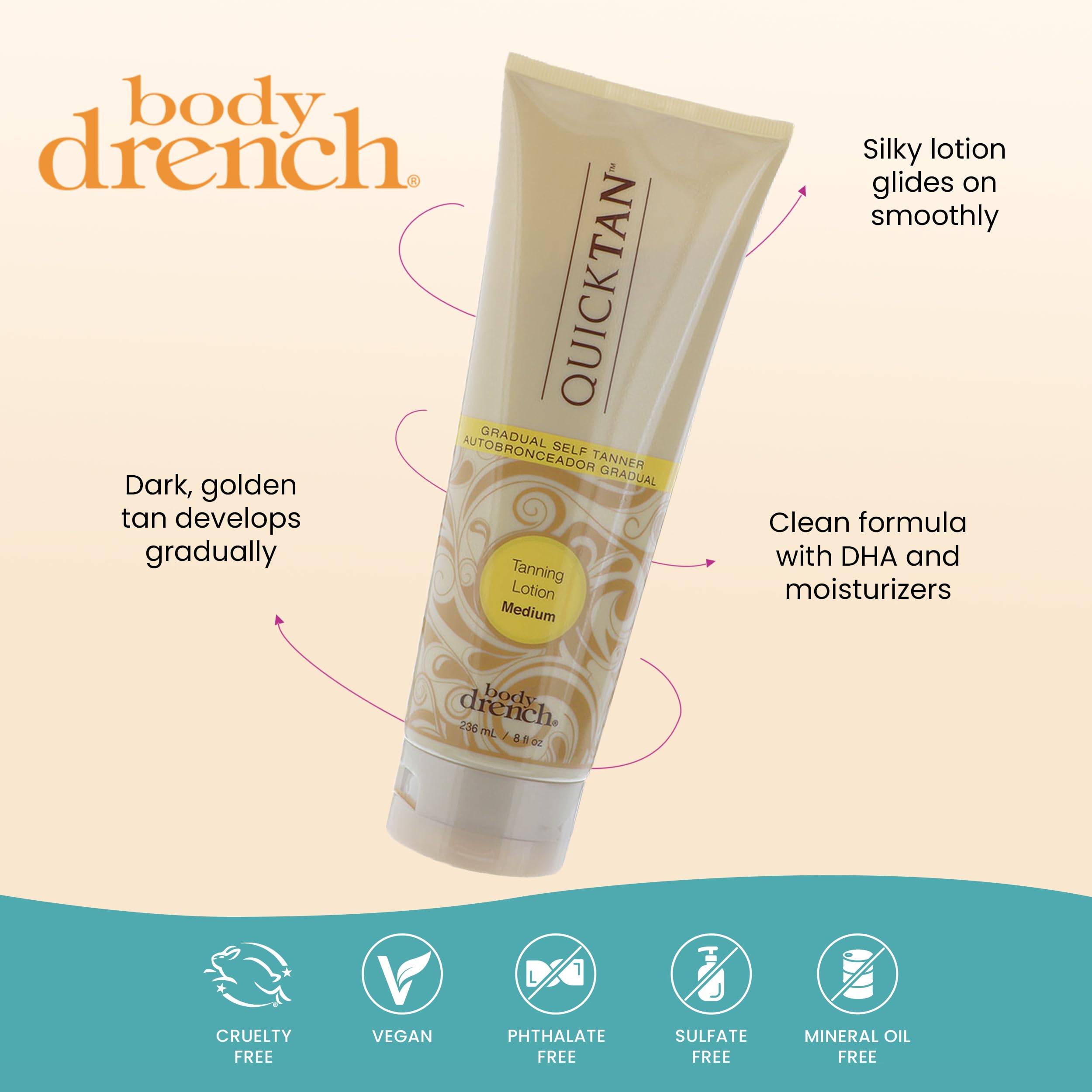 Textura ligera de Body Drench Quick Tan se absorbe rápido y sin manchas.