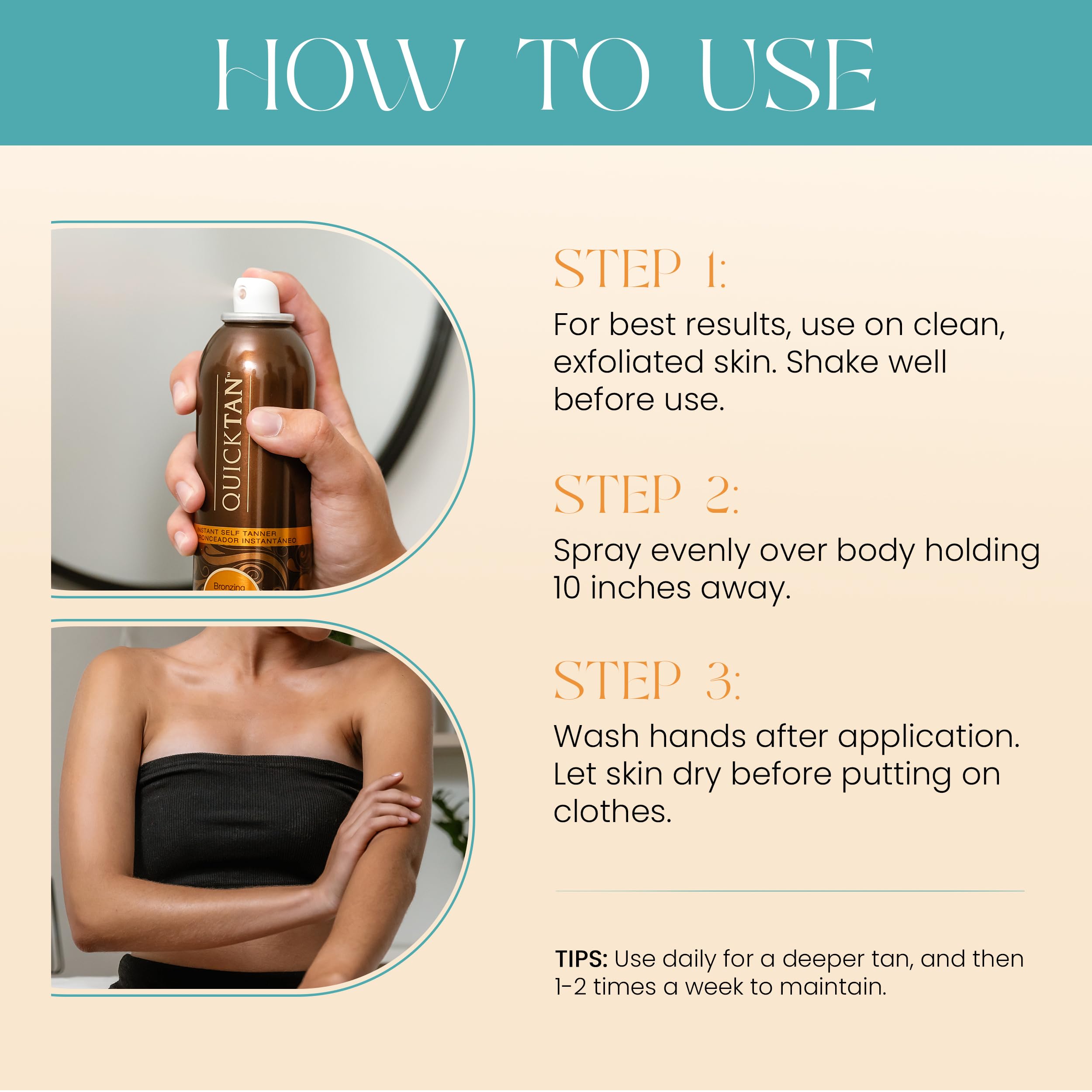 Body Drench QuickTan achieves a warm medium/dark bronze finish for sun-kissed skin.