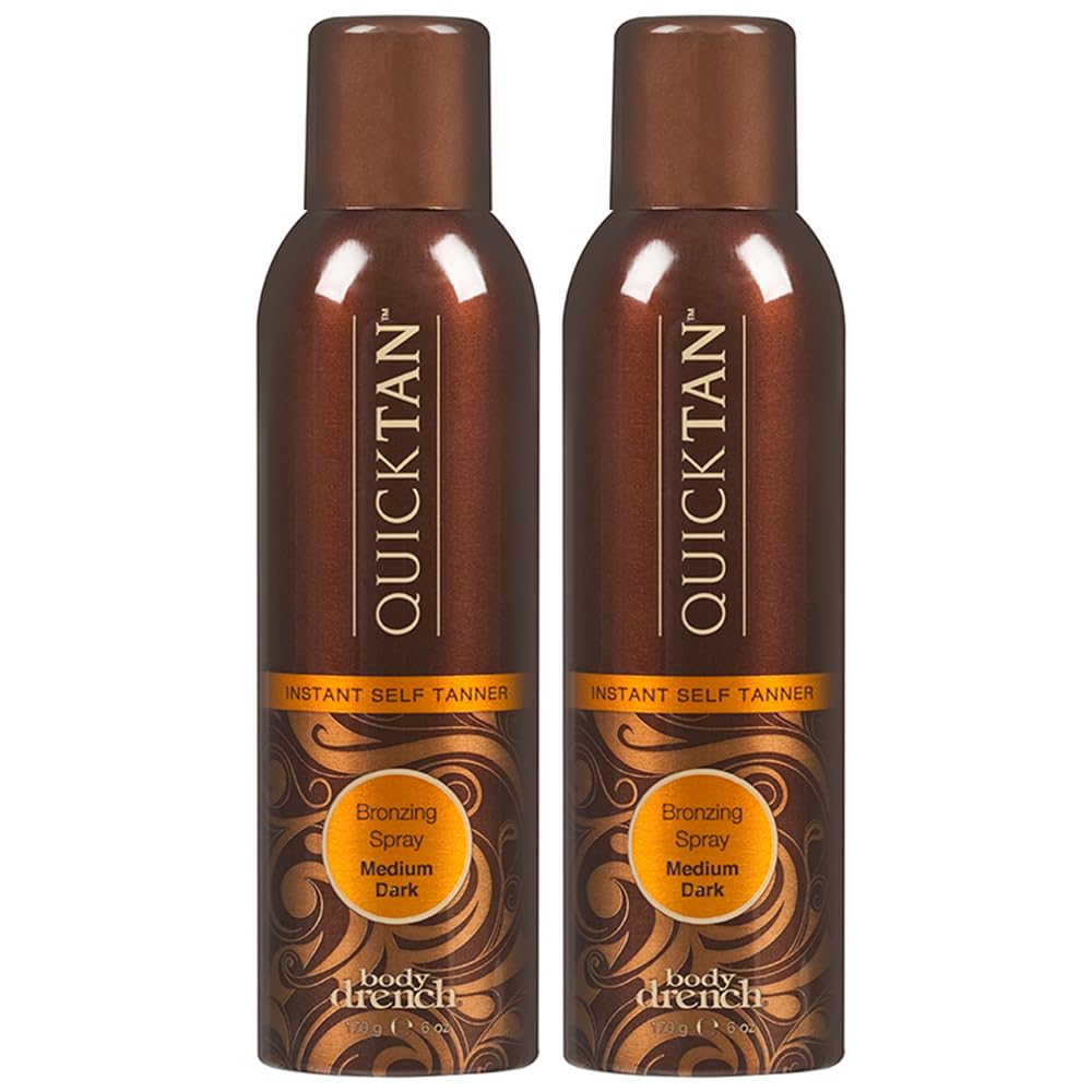 Body Drench QuickTan spray bottle shows instant bronze glow.