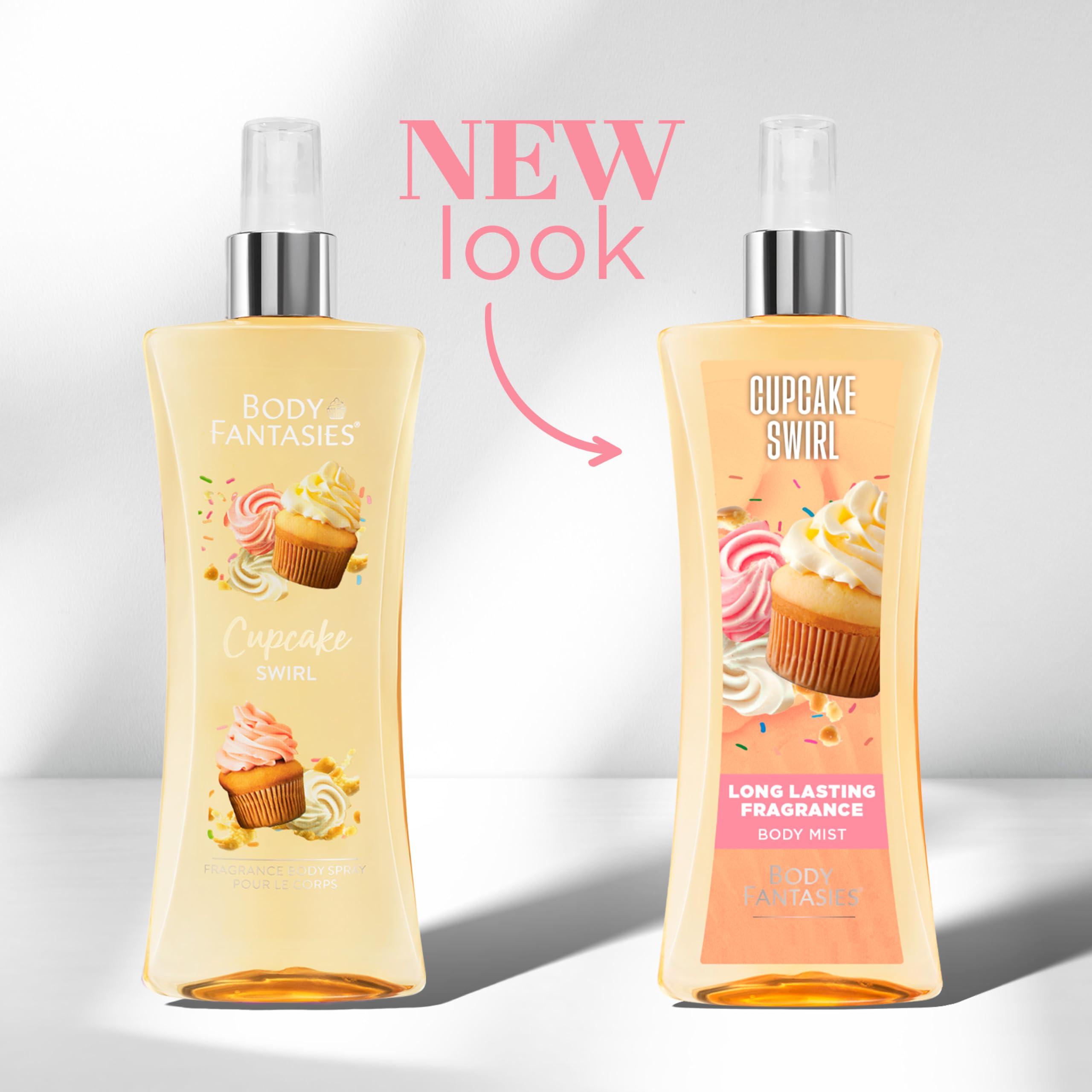 Body Fantasies Cupcake Swirl label close-up emphasizes long-lasting fragrance