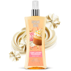 Cupcake Swirl close-up mist on skin demonstrates easy application