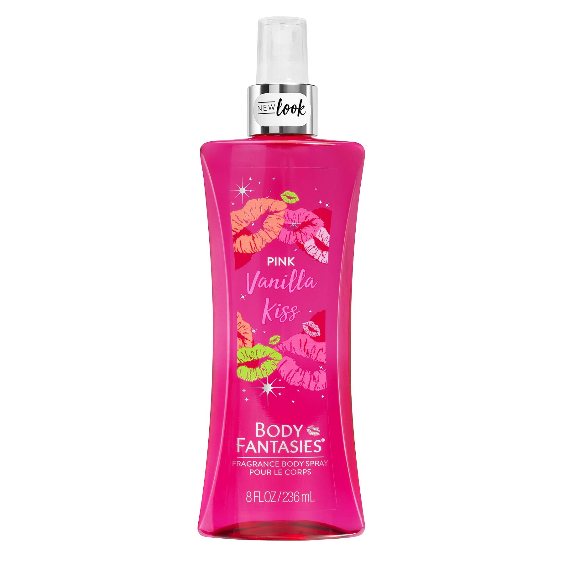Body Fantasies Pink Vanilla Kiss Fantasy bottle on vanity for everyday freshness.