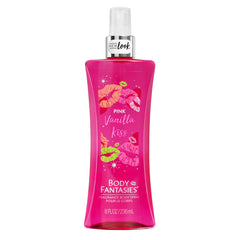 Body Fantasies Pink Vanilla Kiss Fantasy bottle on vanity for everyday freshness.