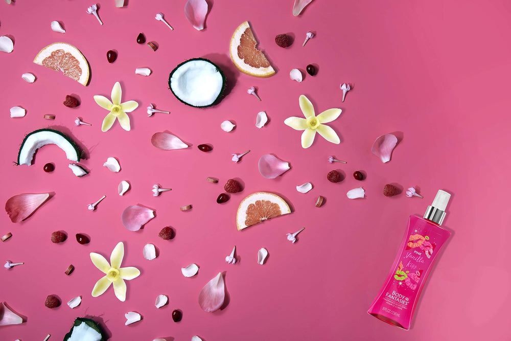 Body Fantasies Pink Vanilla Kiss Fantasy packaging shown for convenient gifting or storage.